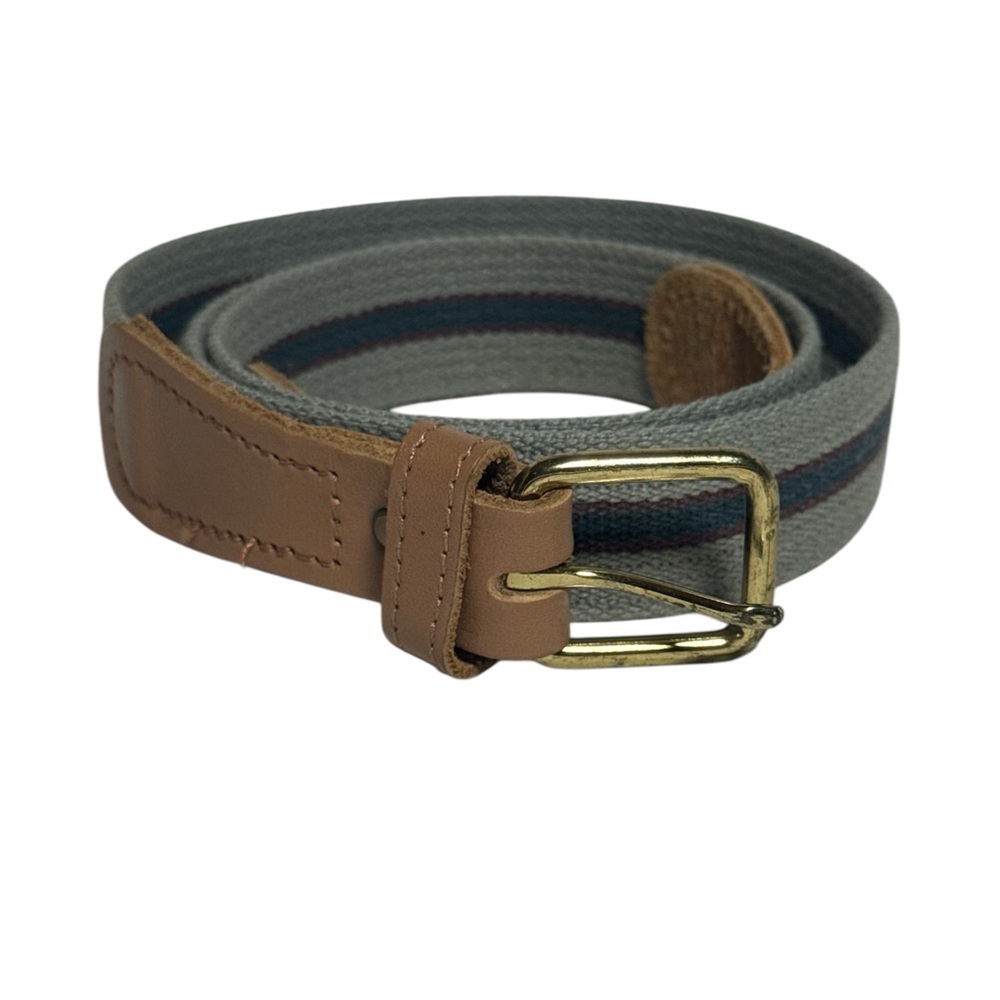 Fabric & Leather Belt Gray with Stripe & Brass Buckle Size 34